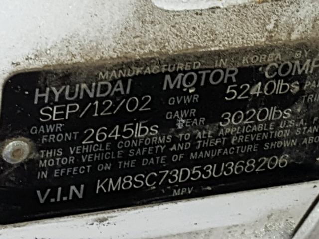 KM8SC73D53U368206 - 2003 HYUNDAI SANTA FE G WHITE photo 10