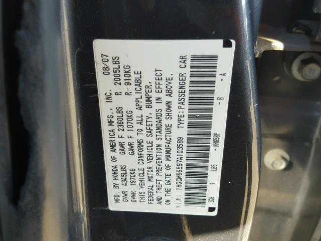 1HGCM66597A103589 - 2007 HONDA ACCORD EX GRAY photo 10