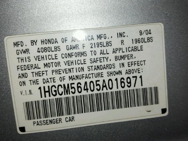 1HGCM56405A016971 - 2005 HONDA ACCORD LX SILVER photo 10