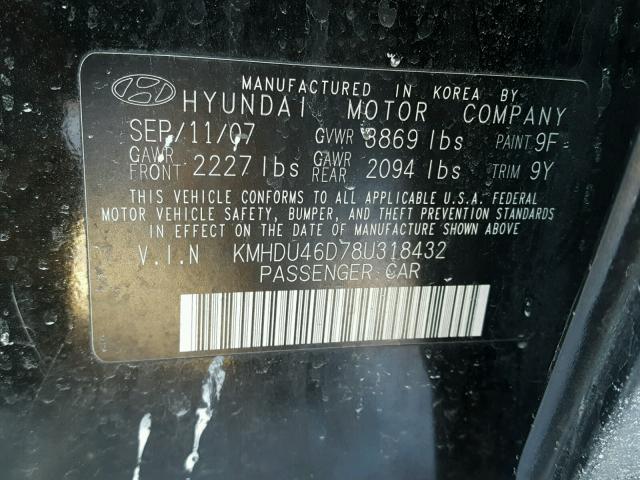 KMHDU46D78U318432 - 2008 HYUNDAI ELANTRA GL BLACK photo 10