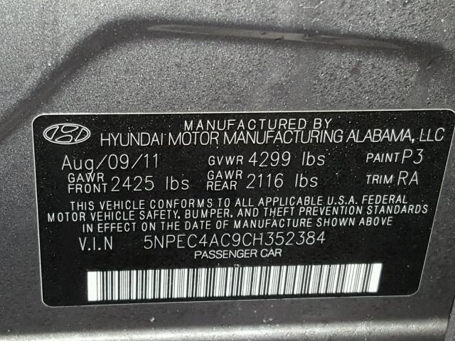 5NPEC4AC9CH352384 - 2012 HYUNDAI SONATA SE GRAY photo 10