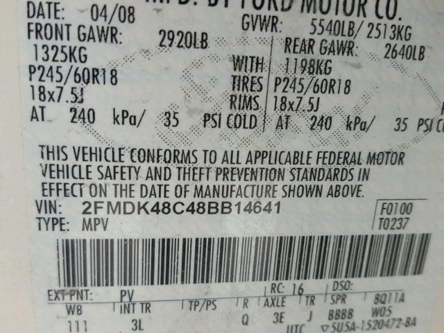 2FMDK48C48BB14641 - 2008 FORD EDGE SEL WHITE photo 10