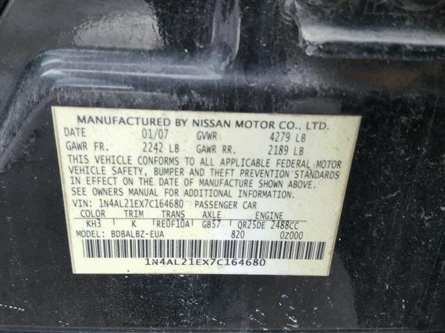 1N4AL21EX7C164680 - 2007 NISSAN ALTIMA 2.5 BLACK photo 10