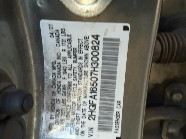 2HGFA16507H300824 - 2007 HONDA CIVIC LX GRAY photo 10