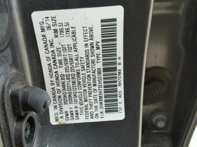 2HKRM3H73EH551869 - 2014 HONDA CR-V EXL GRAY photo 10