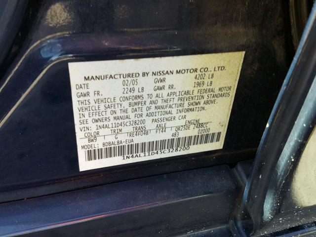 1N4AL11D45C328200 - 2005 NISSAN ALTIMA S BLUE photo 10