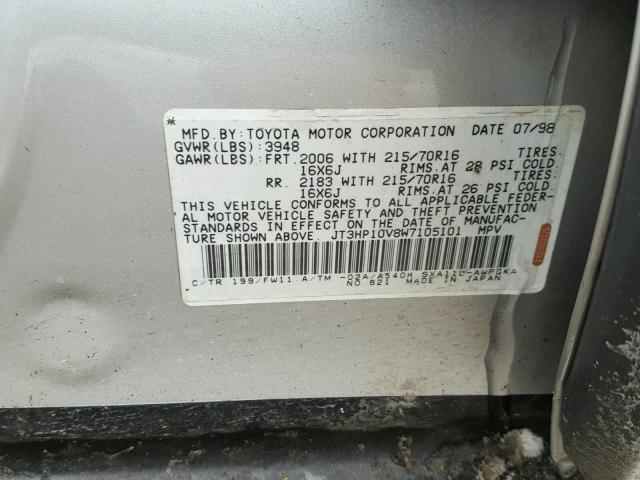 JT3HP10V8W7105101 - 1998 TOYOTA RAV4 SILVER photo 10