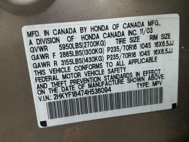 2HKYF18474H536094 - 2004 HONDA PILOT EX TAN photo 10