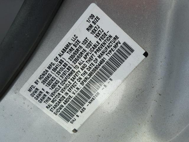 5FNRL38659B044681 - 2009 HONDA ODYSSEY EX SILVER photo 10