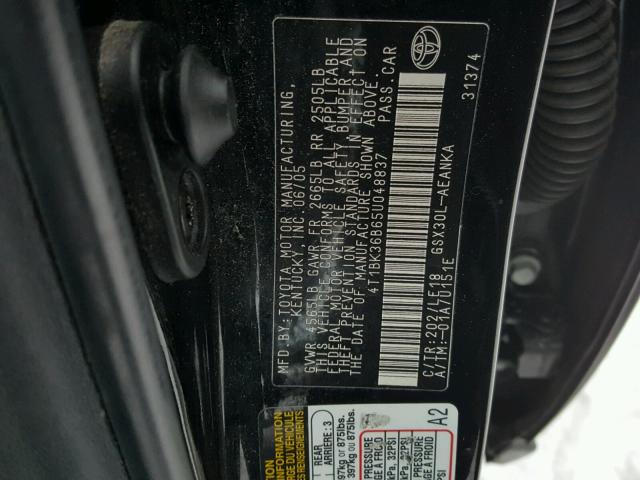 4T1BK36B65U048837 - 2005 TOYOTA AVALON XL BLACK photo 10