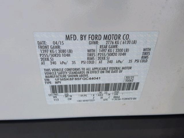 1FM5K8F85FGC44041 - 2015 FORD EXPLORER L WHITE photo 10