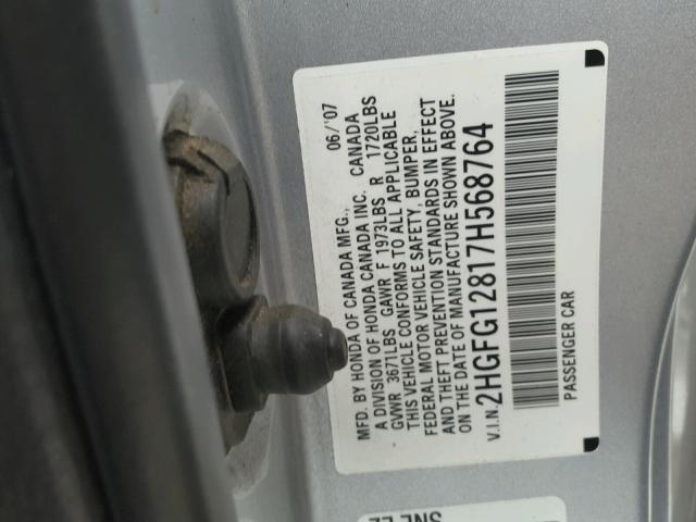 2HGFG12817H568764 - 2007 HONDA CIVIC EX GRAY photo 10