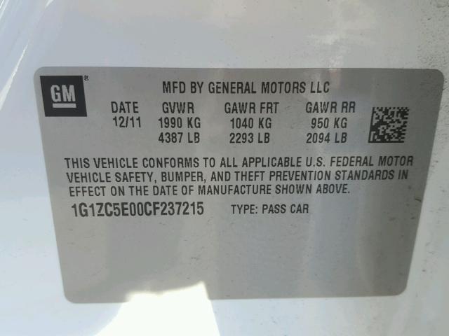 1G1ZC5E00CF237215 - 2012 CHEVROLET MALIBU 1LT 白色 照片 10