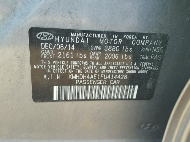 KMHDH4AE1FU414428 - 2015 HYUNDAI ELANTRA SE SILVER photo 10