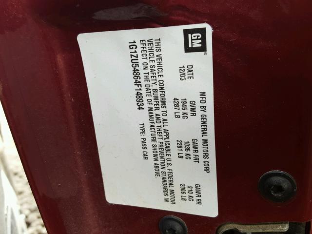 1G1ZU54864F148934 - 2004 CHEVROLET MALIBU LT RED photo 10