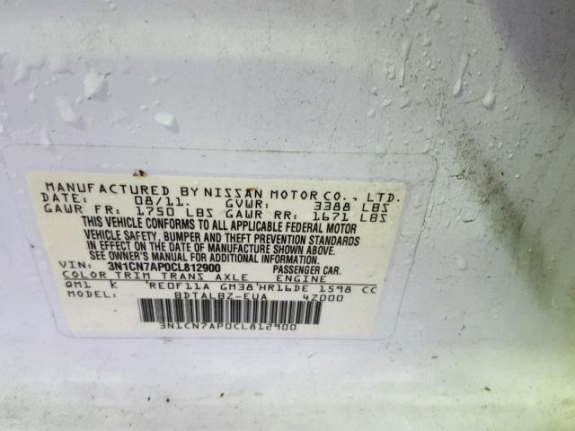 3N1CN7AP0CL812900 - 2012 NISSAN VERSA S WHITE photo 10