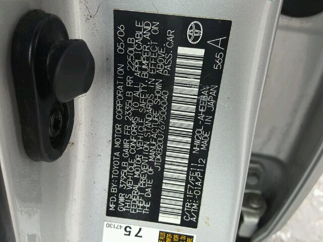 JTDKB20U767506040 - 2006 TOYOTA PRIUS SILVER photo 10