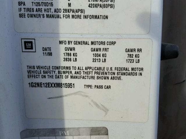 1G2NE12EXXM815951 - 1999 PONTIAC GRAND AM S WHITE photo 10