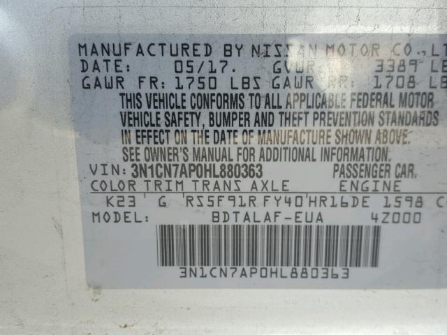 3N1CN7AP0HL880363 - 2017 NISSAN VERSA S SILVER photo 10