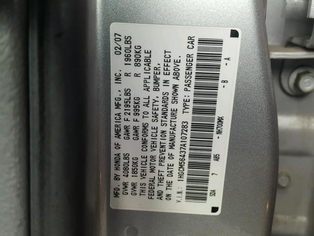 1HGCM56437A107283 - 2007 HONDA ACCORD LX SILVER photo 10