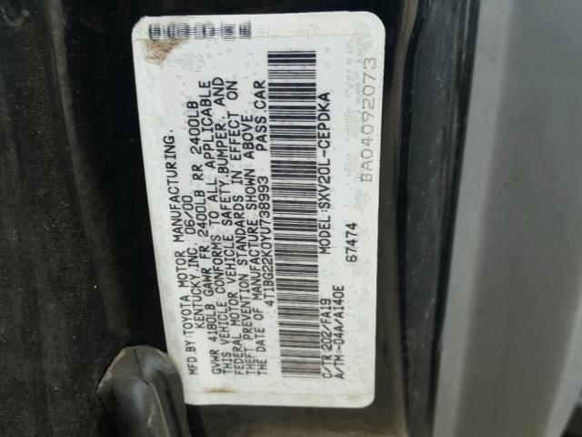 4T1BG22K0YU738993 - 2000 TOYOTA CAMRY CE BLACK photo 10