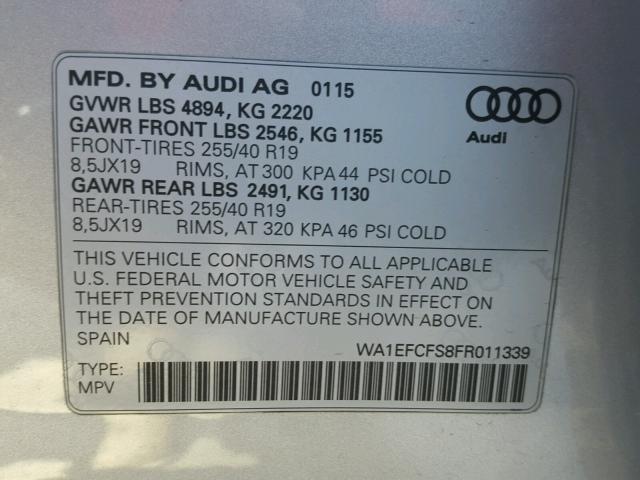 WA1EFCFS8FR011339 - 2015 AUDI Q3 PREMIUM SILVER photo 10