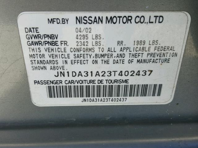 JN1DA31A23T402437 - 2003 NISSAN MAXIMA GLE GRAY photo 10