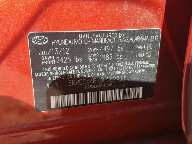 5NPEC4AB7DH562233 - 2013 HYUNDAI SONATA SE RED photo 10