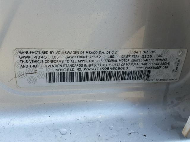 3VWSG71K95M608663 - 2005 VOLKSWAGEN NEW JETTA SILVER photo 10