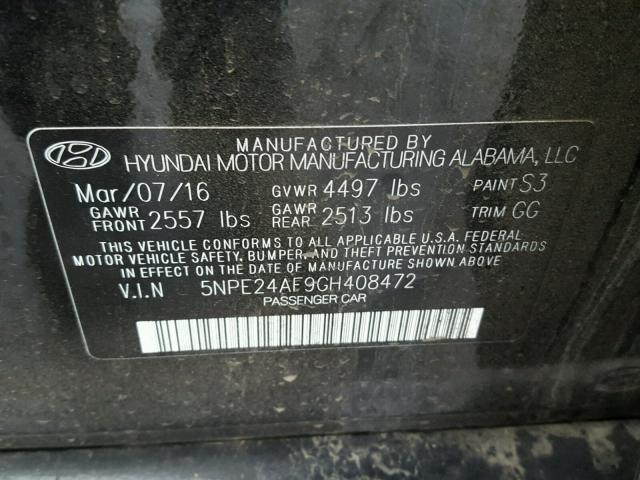 5NPE24AF9GH408472 - 2016 HYUNDAI SONATA SE BLACK photo 10