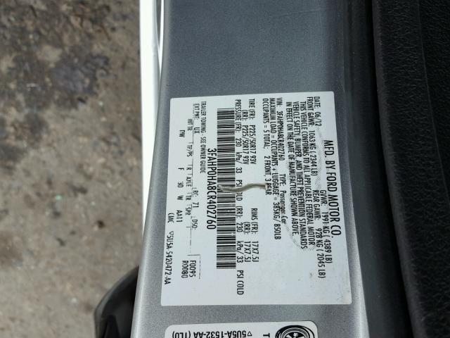 3FAHP0HA8CR402760 - 2012 FORD FUSION SE SILVER photo 10