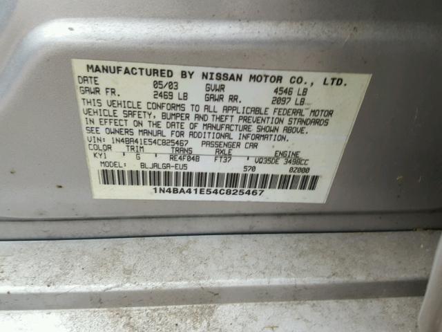 1N4BA41E54C825467 - 2004 NISSAN MAXIMA SE SILVER photo 10