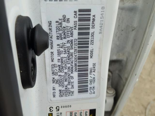 1NXBR32E47Z871572 - 2007 TOYOTA COROLLA LE WHITE photo 10