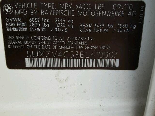 5UXZV4C53BL410007 - 2011 BMW X5 XDRIVE3 WHITE photo 10