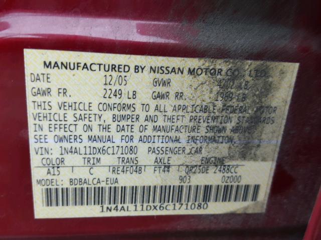 1N4AL11DX6C171080 - 2006 NISSAN ALTIMA S BURGUNDY photo 10