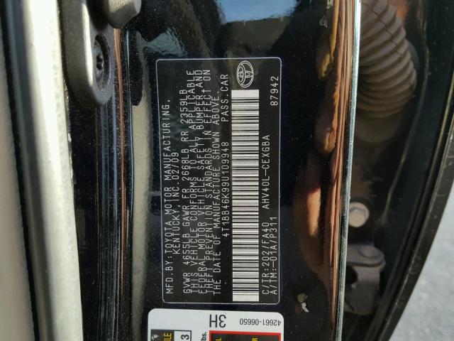 4T1BB46K99U109948 - 2009 TOYOTA CAMRY HYBR BLACK photo 10