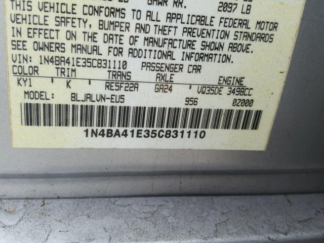 1N4BA41E35C831110 - 2005 NISSAN MAXIMA SE SILVER photo 10