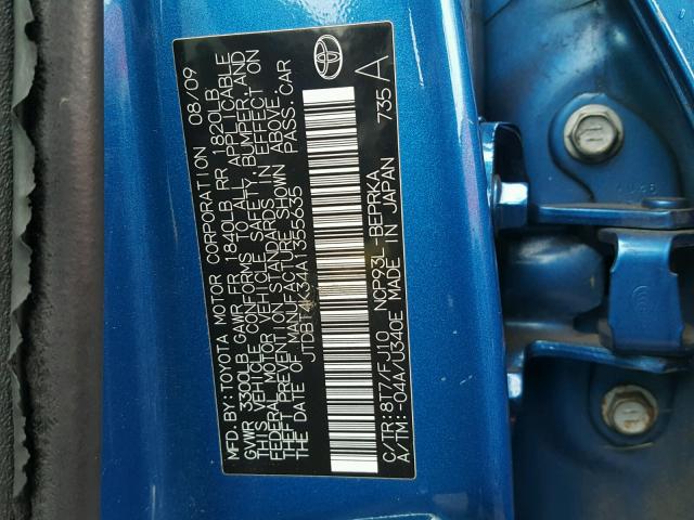 JTDBT4K34A1355635 - 2010 TOYOTA YARIS BLUE photo 10