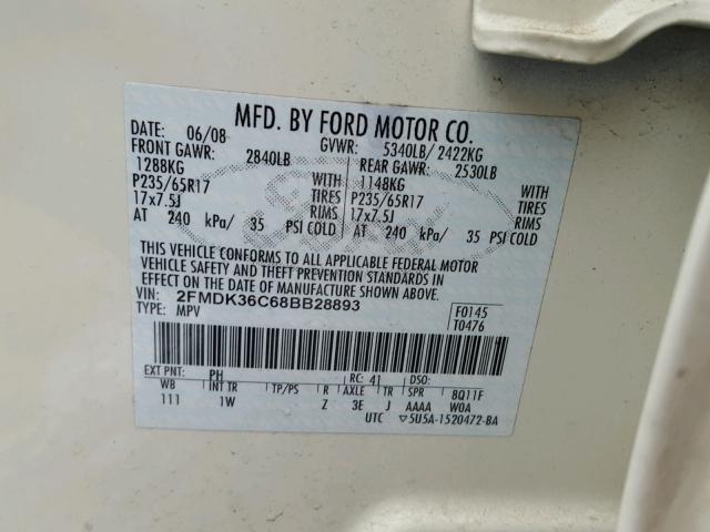 2FMDK36C68BB28893 - 2008 FORD EDGE SE WHITE photo 10