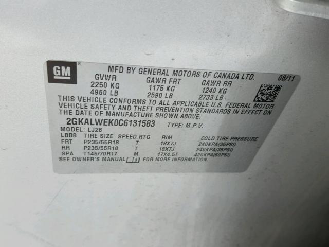 2GKALWEK0C6131583 - 2012 GMC TERRAIN SL SILVER photo 10