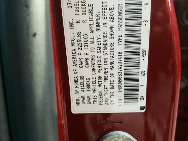 1HGCM56837A207418 - 2007 HONDA ACCORD EX RED photo 10