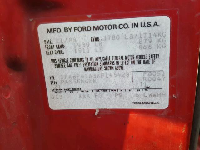 1FABP41A3KF145428 - 1989 FORD MUSTANG LX RED photo 10