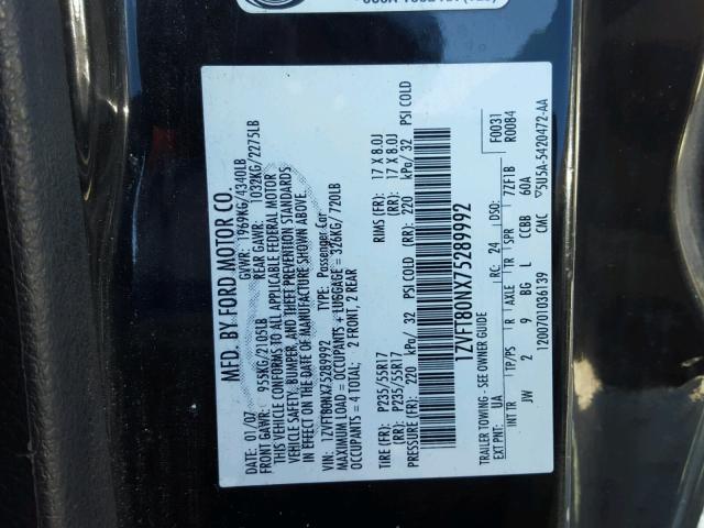 1ZVFT80NX75289992 - 2007 FORD MUSTANG BLACK photo 10