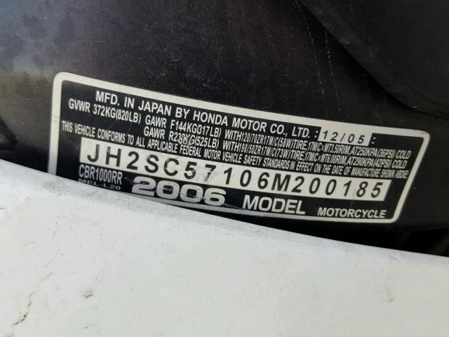 JH2SC57106M200185 - 2006 HONDA CBR1000 RR WHITE photo 10