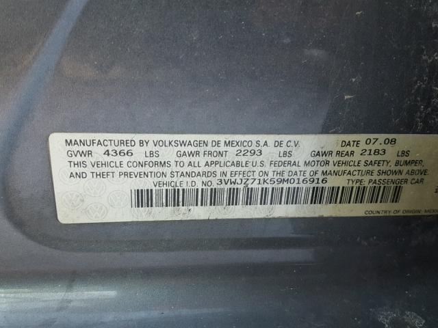 3VWJZ71K59M016916 - 2009 VOLKSWAGEN JETTA S Grafit foto 10