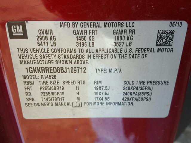 1GKKRRED8BJ109712 - 2011 GMC ACADIA SLT BURGUNDY photo 10