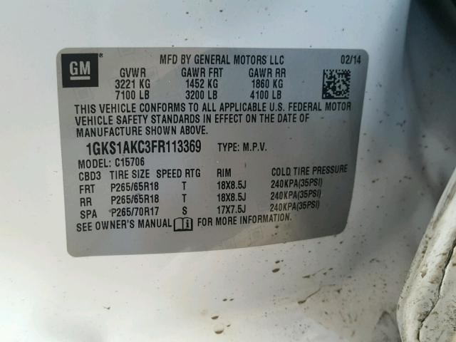 1GKS1AKC3FR113369 - 2015 GMC YUKON SLE WHITE photo 10