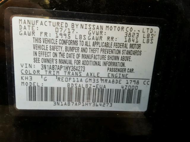 3N1AB7AP1HY364273 - 2017 NISSAN SENTRA S BLACK photo 10