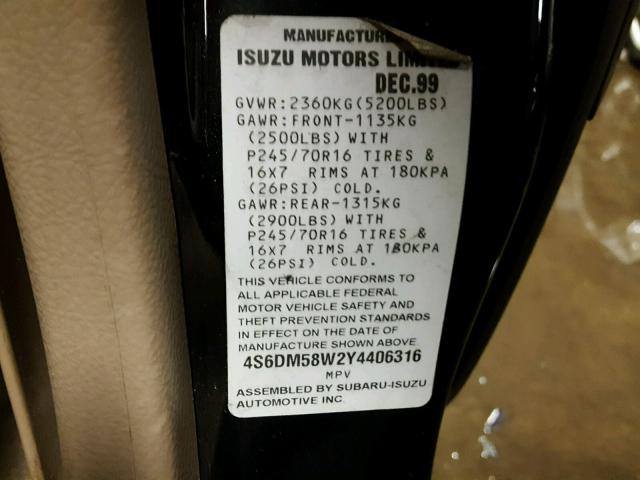 4S6DM58W2Y4406316 - 2000 HONDA PASSPORT E BLACK photo 10