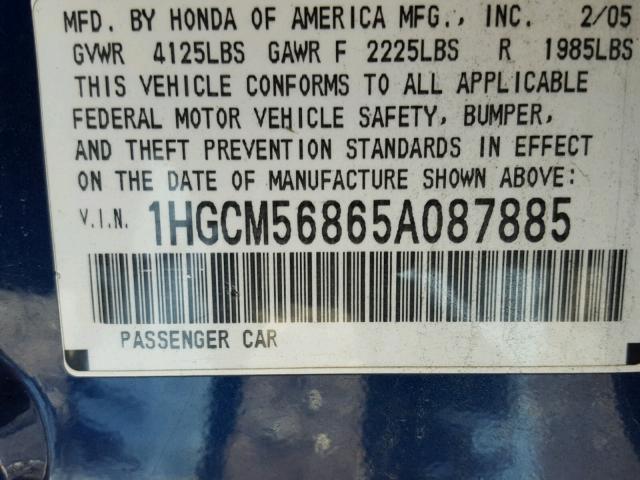 1HGCM56865A087885 - 2005 HONDA ACCORD EX BLUE photo 10